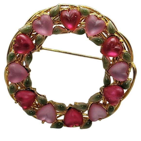 Heart & Leaf Brooch Gold Tone Twisted Wire Wreath Pink & Red Glass Rhinestones - Picture 1 of 9